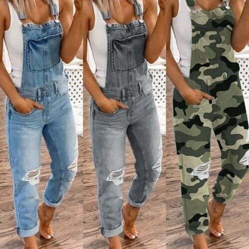 Women Ladies Summer Fashion Ripped Camouflage Denim Overalls Dungarees Jeans Jumpsuit Bib Trousers Cotton Loose Casual