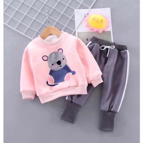 IENENS Toddler Girl Clothes Set Kids Winter Warm Parkas Clothing Suit Baby Cartoon Bear Sweatshirt + Pants Outfits 1-4 Years