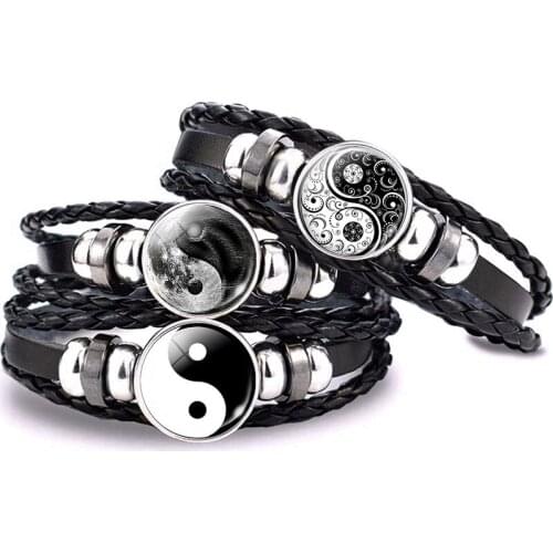 Tai Chi Black and White Black Leather Bracelet Yinyang Taoism Jewelry Glass Cabochon Punk Jewelry Charm Bracelet for Men