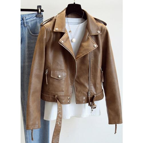 Ailegogo 2021 Spring Autumn Women Faux Leather Jacket Streetwear Khaki Leather Coat Biker Moto Jacket with Belt Female Outerwear