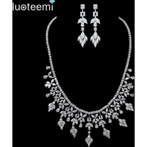 LUOTEEMI New Arrival Fashion Luxury Shinning Multi Cubic Zircon Wedding Party Necklace Earring Jewelry Set For Women Bridal Gift
