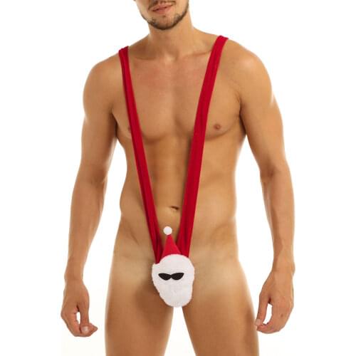 Men Underwear Christmas Santa Claus Cosplay Costume Sexy Hot Mankini Thongs Bodysuit Sissy Lingerie Deep V-shaped Funny Thongs