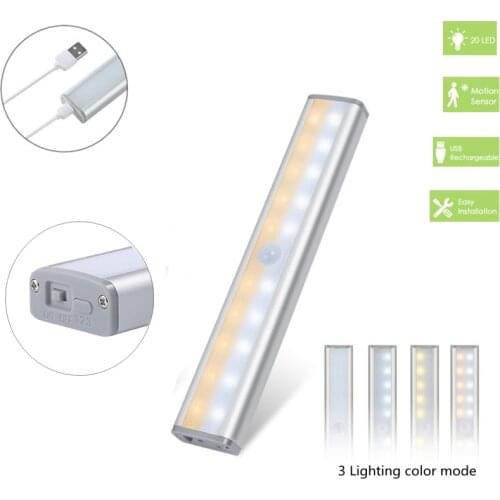 3 Color Modes 20 LED Wireless PIR Motion Sensor Night Light Under Cabinet Light USB Rechargeable Magnetic Stick On Night Light