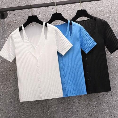 Pure Color Knit Pullover Harajuku Casual Loose T-shirt Fashion V-neck Short Sleeve white Pure Cotton Pure Color Knit Pullover