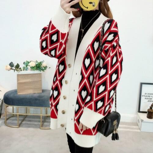 Autumn Winter Runway Sweater Women Cardigans Print Knitted Sweater Casual Medium-long Loose Cardigans Sweaters Coat Outerwear