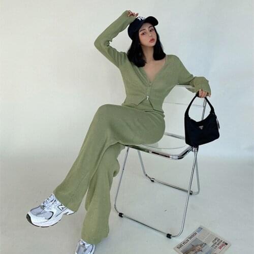 Autumn Winter Clothes Women Clothing Sweater Two Piece Set Y2k Zippers Knit Long Sleeve Top Straight Leg Pant Streetwear Outfit