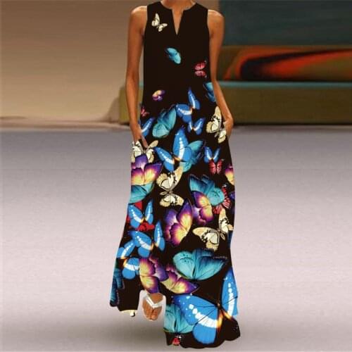 Butterfly Plus Size Floral Maxi V-Neck Sexy Female Long Dresses Women Dress Summer Fashion Print Sleeveless Pocket Loose Dress