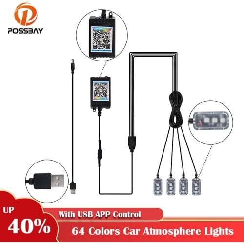 POSSBAY Car Atmosphere Light USB Led Strip Auto Foot Ambient Backlight Control App RGB Interior Decorative Lamp Multiple Lights