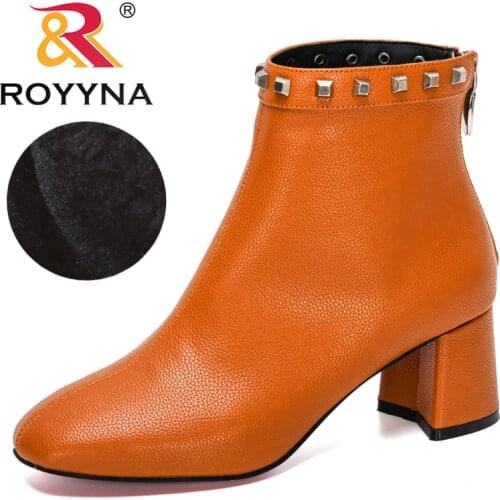 ROYYNA 2021 New Designers Elegant Womens Shoes Leather Booties Brown High Heel Fashion Rubber Ladies Ankle Plush Boots Footwear