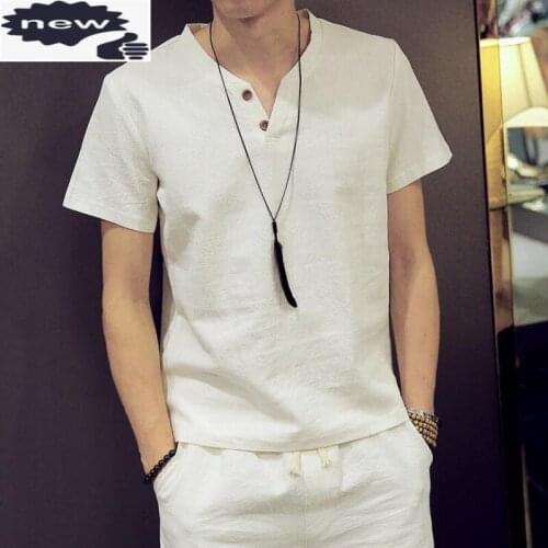 Solid Button T-Shirt Mens Cotton Linen Sets Breathable Casual M-5XL Shorts For Men Clothing Set Male Fashion Suit