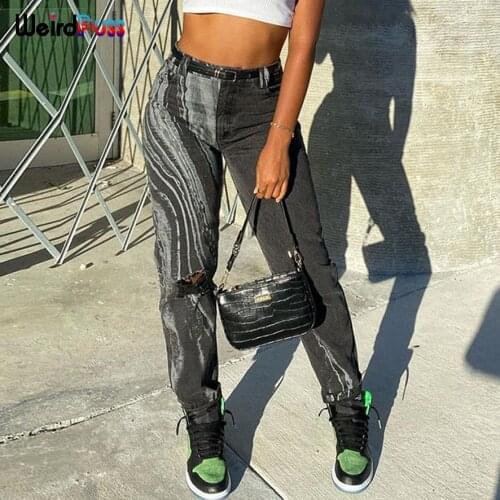Weird Puss Y2K Straight Pants Women Ripped Tie Dye Print Vintage Stretch Low Rise Jeans Streetwear Denim Hip Hop Slim Trousers