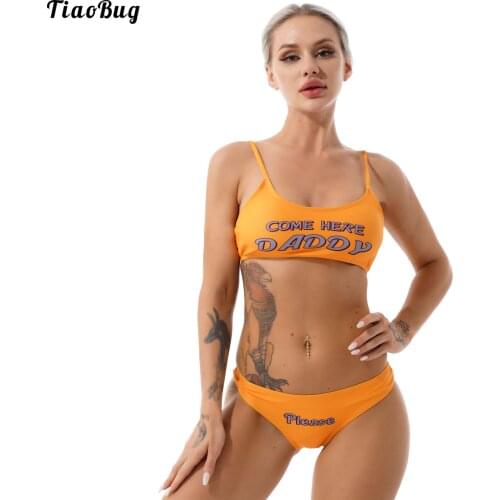 TiaoBug Summer Women 2Pcs Swimsuit Bikini Sets Letter Printed Mini Camisole Bra With Briefs Cosplay Costumes Swimwear Underwear