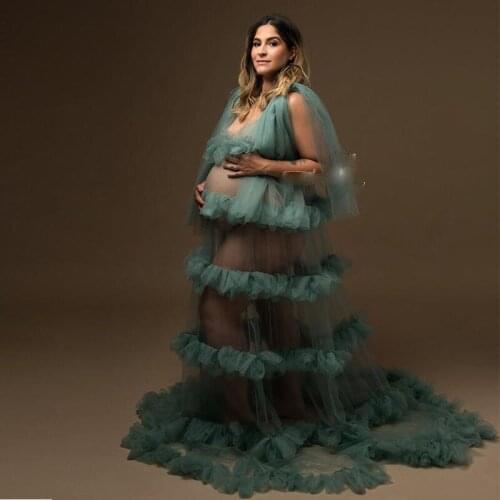Modest Dusty Green See Thru Maternity Dresses To Photography A-line Sexy Long Tulle Robe Women Dresses Night Gowns
