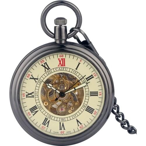 Vintage Automatic Self Winding Mechanical Pocket Watch Open Face Roman Numerals Luminous Hands Skeleton Clock FOB Chain Gift