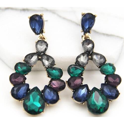 YaYi Jewelry Fashion BOHO Blue Glass Crystal Rhinestone Dangle Women Ancient Gold Color Wear Ear Band Long Tassel Earrings