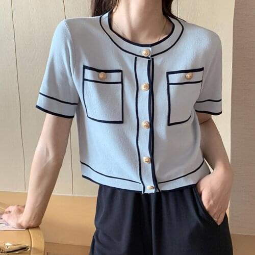 Women 2021 Summer Fashion Short-sleeved Knitted Tops Female New Short Thin Cardigan Tops Ladies Solid Color Loose Tops