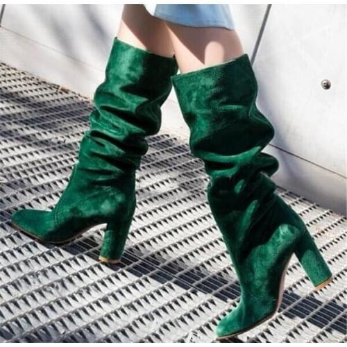 Woman Fashion Slip-on Long Thick High Heel Long Boots Round Toe Suede Leather Green Blue Pleated Knee High Chunky Heel Boots