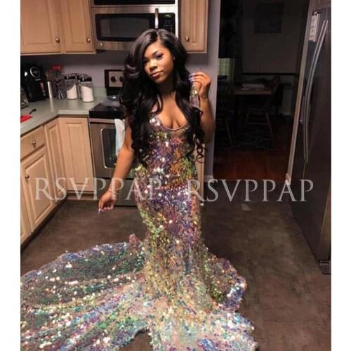 African Black Girl Long Prom Dresses 2021 Sexy V-neck Backless Glitter Sequin Colorful Mermaid Prom Gowns