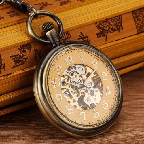 Open Face Gold Transparent Automatic Mechanical Pocket Watches Antique Bronze Pendant Self Winding Vintage Pocket Clock Male
