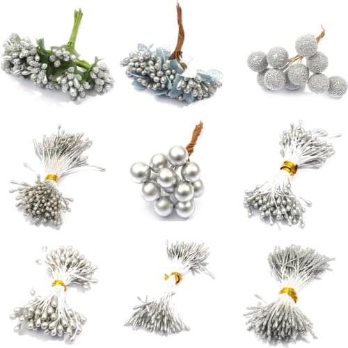 10/12/60/90/144pcs 9 Style Mixed Silver Color Flower Cherry Stamen Berries DIY Christmas Wedding Cake Gift Box Wreaths Decor