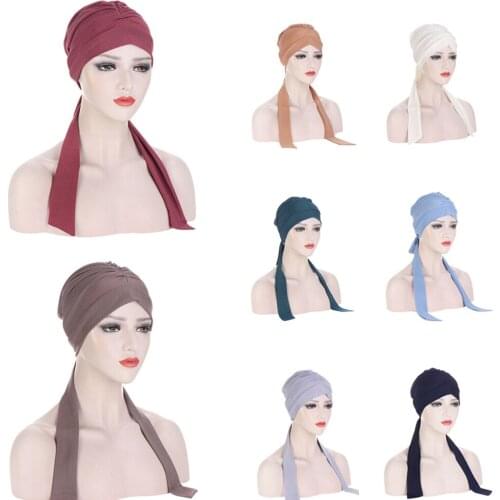 2021 Bow-tie Women Turban Cap Solid Stretchy Head Scarf Hat Long Tail Wrap Head Bonnet Muslim Inner Hijab Female Turban Scarf