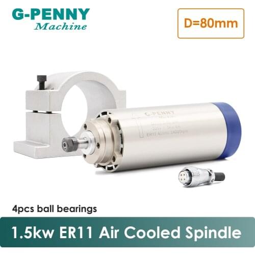 New Product ! 220V 1.5KW ER11 CNC Air Cooled Spindle Motor 80mm Air Cooling 4 Bearings CNC Motor Spindle & 80mm clamp bracket