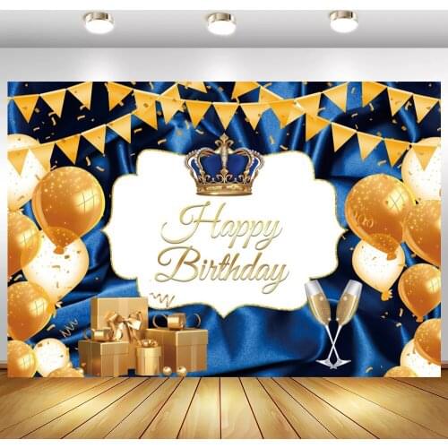 Royal Blue Crown Newborn Baby 1st Birthday Backdrop Photography Cake Table Banner Balloons Gifts Box Decoration Photo Background