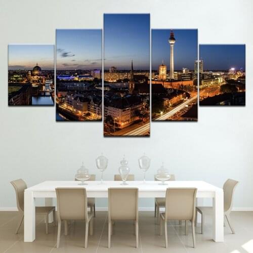 Printed city night scenery picture painting canvas frame 5 Panels Wall Art modern Modular Poster for Living Room Home Decor