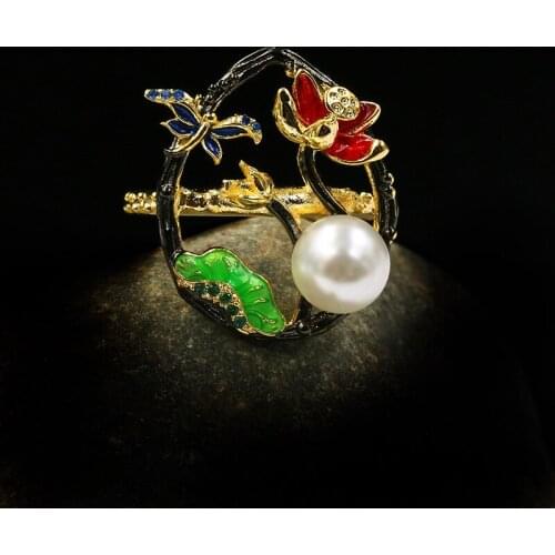 Black Gold Color 925 Sterling Silver Peony Tree Vine Rings for Women Enamel Freshwater Pearls Wedding Bands Cocktail Rings