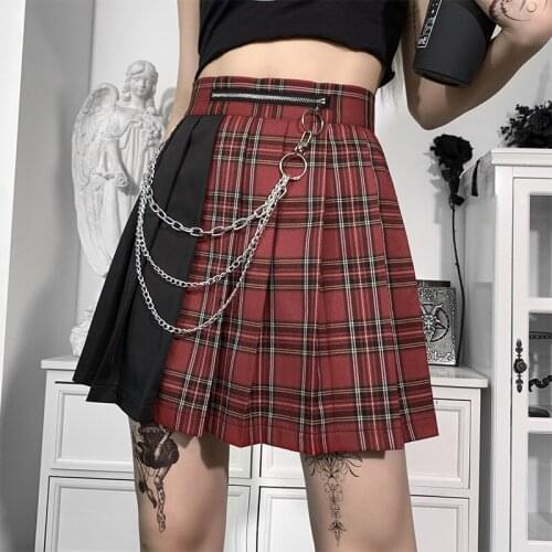 E-girl Patchwork Plaid Mini Skirt Punk Gothic Grunge High Waist Chain Zipper Pleated Skirt Y2K Aesthetic Harajuku Streetwear