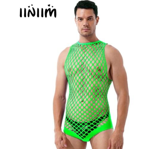 Mens Lingerie Hollow Out Netted Sexy Bodystockings See-through Stretchy Bodysuits Nightwear Halter Neck Sleeveless Rompers