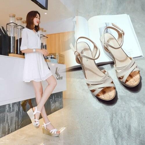 2019 new open toe wedge buckle high heels summer waterproof platform high heel party dress sandals large size 40