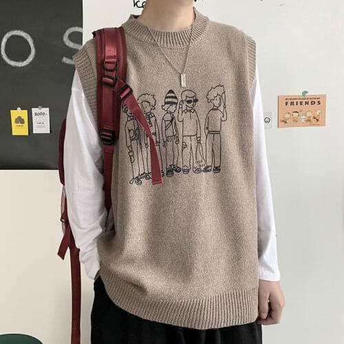 2021 autumn new Hong Kong style wild round neck sweater sleeveless sweater casual vest fashion brand male couple