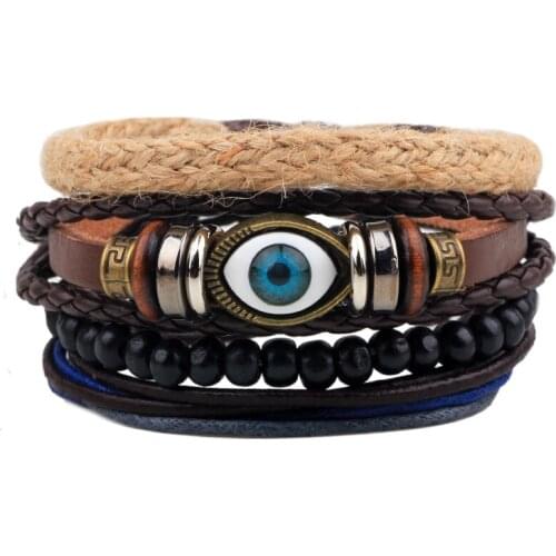 Punk Turkish Evil Eye Bracelets Wristband Female Genuine Leather Wooden Beads Bangle Ethnic Vintage Jewelry Gift For Women Men