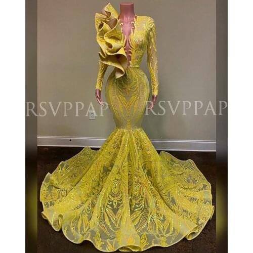 Long Sleeve African Girl Yellow Mermaid Prom Dresses 2021 Stunning Ruffles Side Sparkly Sequin Lace Long Prom Dress