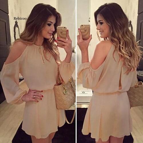 Women Dress Cold Shoulder Long Sleeve Pleated Chiffon Dress A- Line Women Keyhole Dress Party Night Short Elastic Waist Dress
