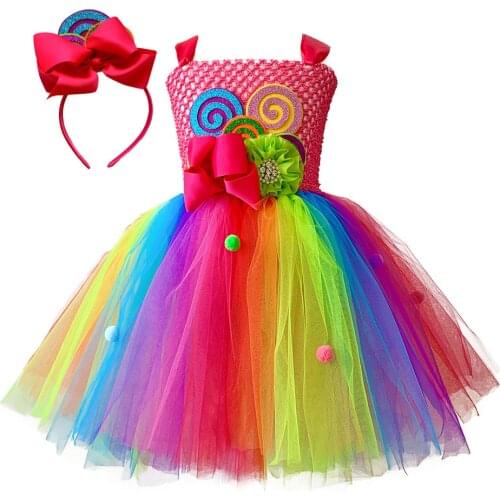 Rainbow Candy Princess Dress Girls Fuzzy Ball Lollipop Costume with Lollipop Headband Kid Holiday Birthday Party Clothes Outfits