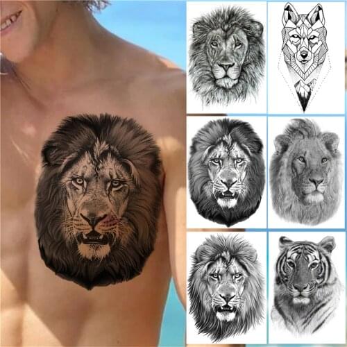 Realistic Monster Lion Temporary Tattoos For Men Women Adult Chest Black Tiger Tattoo Sticker Geometric Wolf Fake Tatoos Body