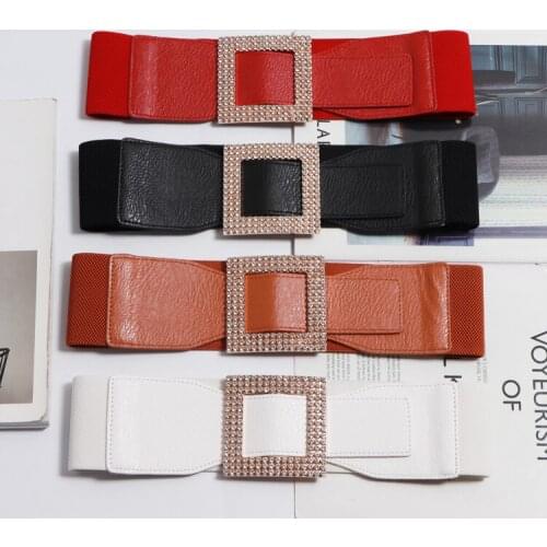 Elegant Ladies Autumn Winter Waist Belt for Shirt Red White Elastic Waistband Strech Square Rhinestone Buckle Wide Corset Belt