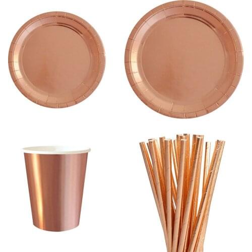 Rose Gold Foil Solid Party Supplies Disposable Paper Plate Cups Straws Cup Wedding Bride Shower Anniversary Party