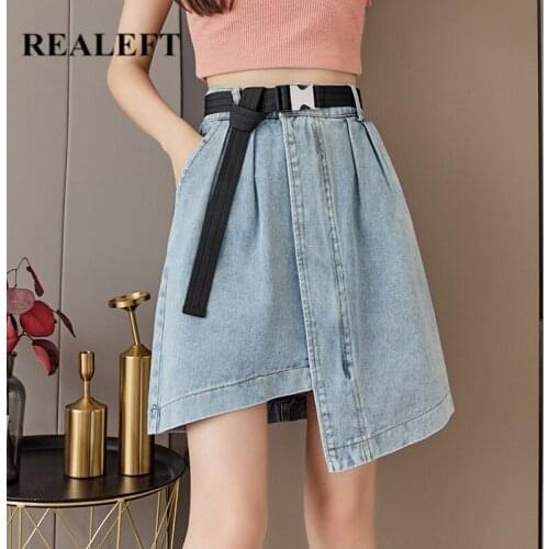 REALEFT 2021 New Summer Irregular Womens Denim Skirt Sashed High Wasit Casual Blue Jeans Female A-line Short Skirts Pockets