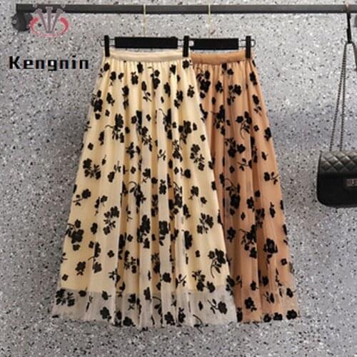 Oversized Women Mesh Pathwork Skirt New 2021 Summer Print Rose Female Midi Skirts A-Line Elastic Waist Ladies Skirts KE1526