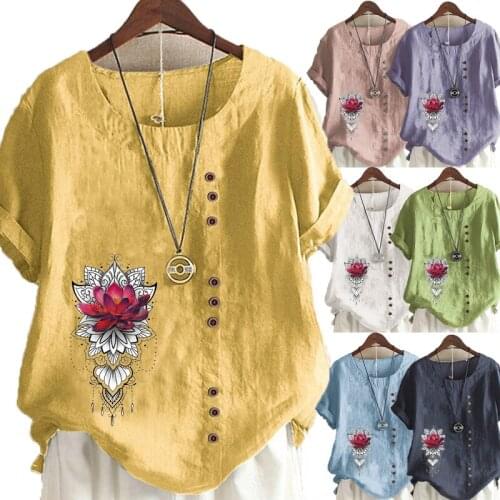 Womens New Fashion Summer Floral Printed Round Neck Short Sleeve T-shirt Casual Loose Solid Color Blouse Tops Plus Size