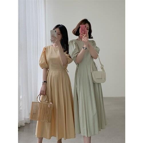 Korean Lace-Up Slim Waist Women Dress Vintage One-Piece Puff Sleeve Kawaii Apricot Midi Dresses Female Vintage Summer Vestidos