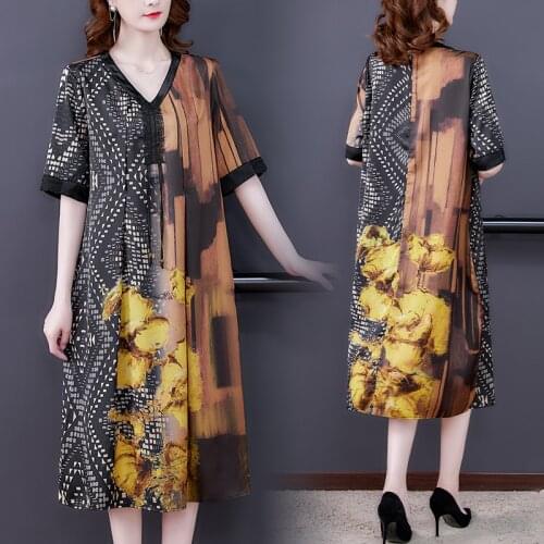 Women Boho Vintage Floral Mulberry Silk Midi Dress Summer Casual Loose 4XL Plus Size Dress 2021 Elegant Bodycon Party Vestidos