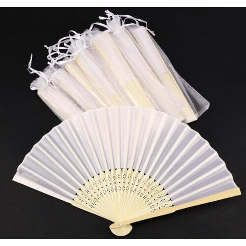 100PCS Customized Wedding Favors Hand Bamboo Fan with Custom Printing in Yarn Bag Foldable Fabric Silk Fans with Organza Bags