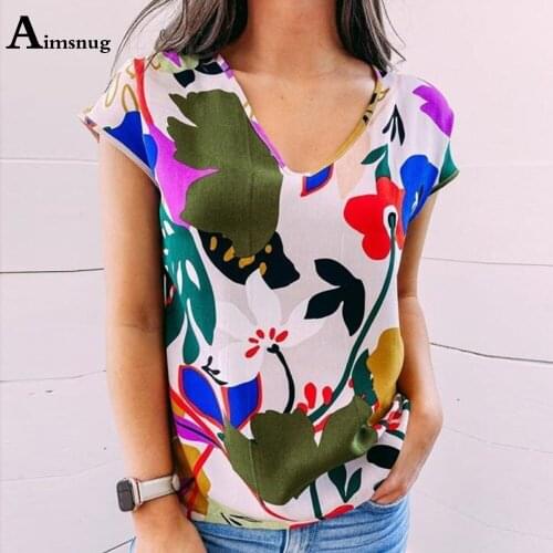 Aimsnug 2021 Summer Boho Flower Print Tops Women Short Sleeve V-Neck T-Shirt Casual Ladies Tee Shirt Oversized 3xl Femme Clothes