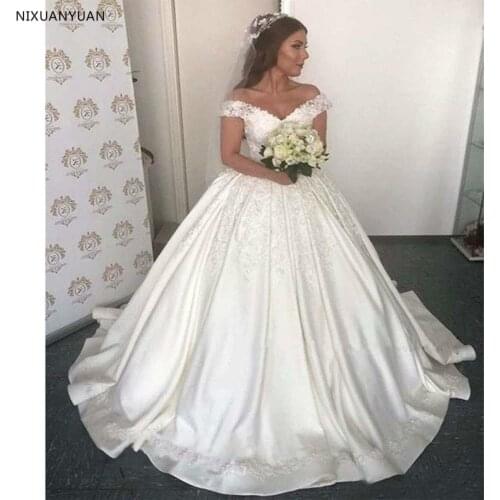 White Satin Lace Appliques Ball Gown Wedding Dresses Off The Shoulder Lace Up Back Wedding Gowns Bride Dress