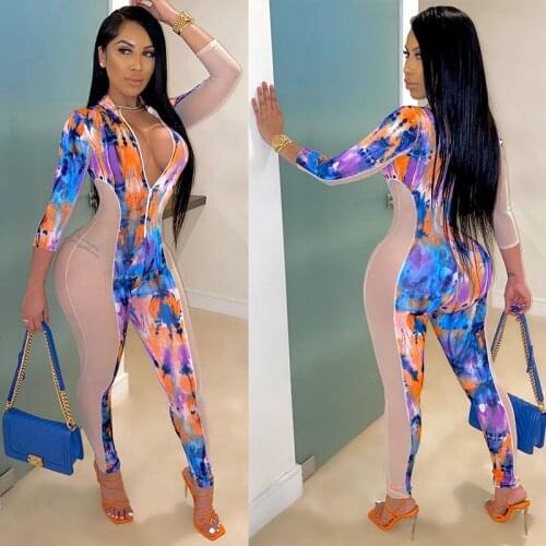 BKLD Club Outfits For Women Long Sleeve See Through Mesh Patchwork Tie-Dye Printed Sexy One Piece Jumpsuit Ladies Clothing