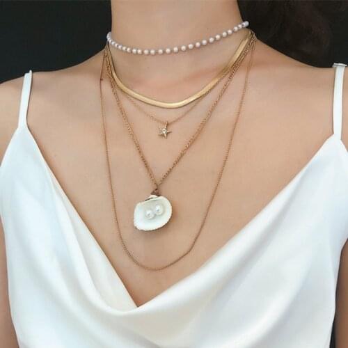 Bohemian Fashion Multilayer Handmade Shell Crystal Stars Pendant Necklace Clavicle Pearls Necklace for Women Jewelry Gifts